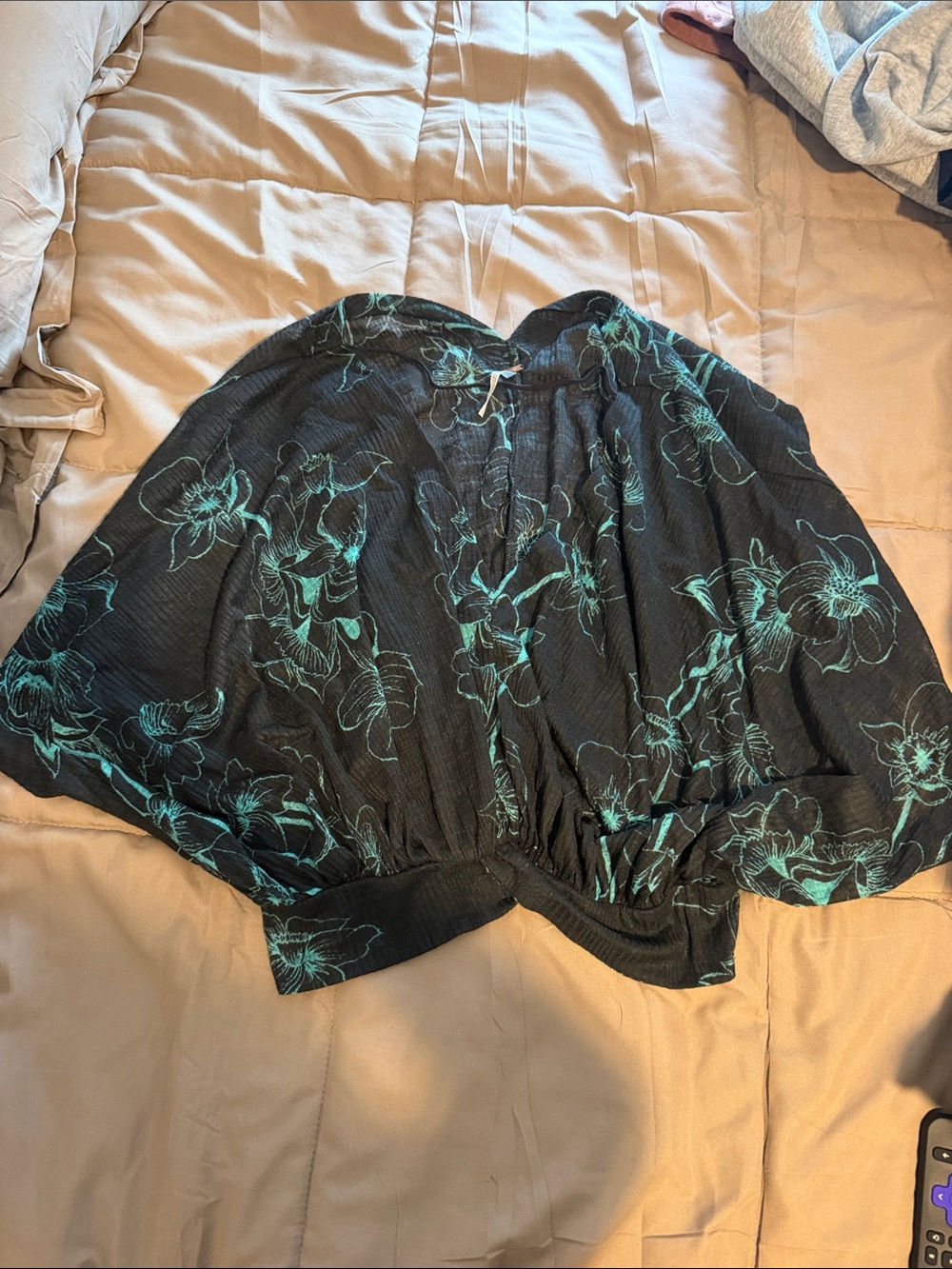 Free People Black Teal Floral Print Blouse